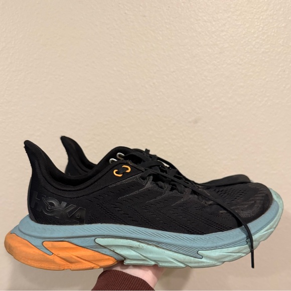 Hoka Black and Teal Running Shoes with Orange Sole 8